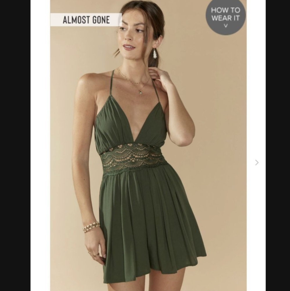 Francesca's Isis Halter Open Back Romper SMALL Crochet Lace Olive Green